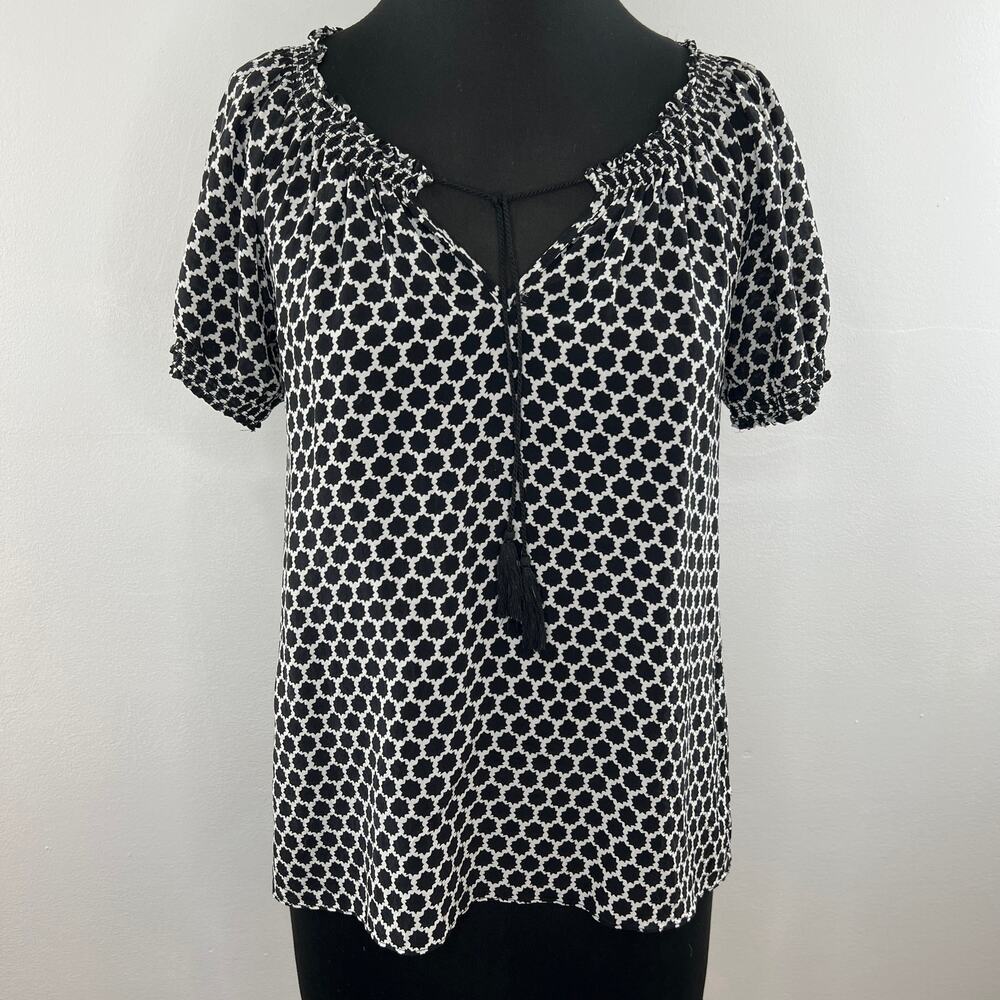 JOIE Black White Print Short Sleeve 100% Silk Drawstring Neck Blouse S Small